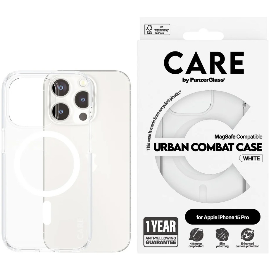Etui CARE by PanzerGlass Urban Combat Case z MagSafe do iPhone 15 Pro, przezroczyste z białymi magnesami MagSafe.